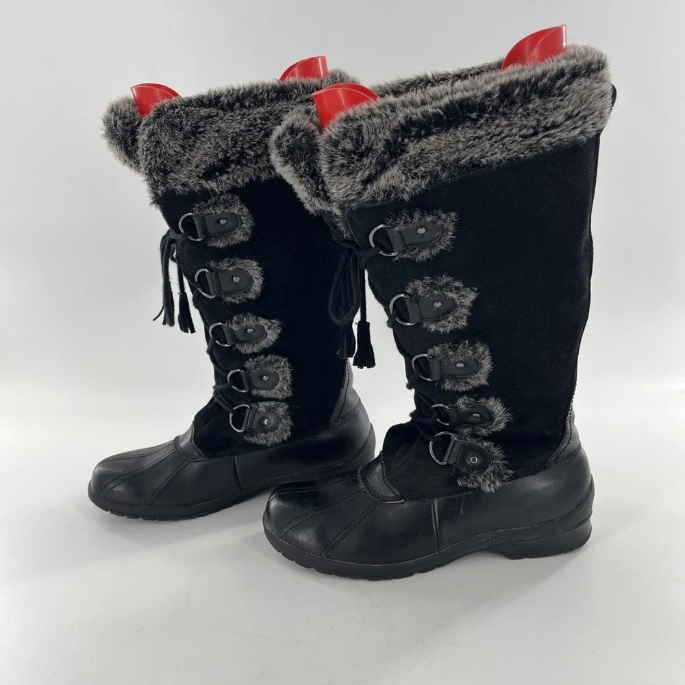 Vintage Nine West Knee High Womens 10 M Black Tall Mucker Duck Leather Suede Fur